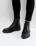 Asos Lace Up Creeper Boots In Black Leather - Black