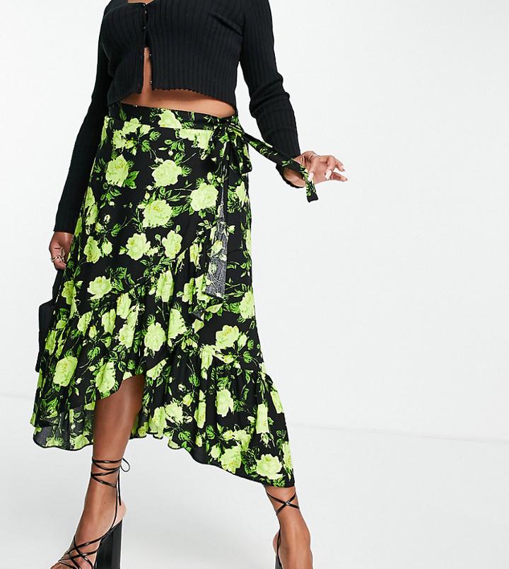 Asos Design Curve Wrap Midi Skirt With Ruffle Hem In Neon Floral Print-multi