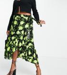 Asos Design Curve Wrap Midi Skirt With Ruffle Hem In Neon Floral Print-multi