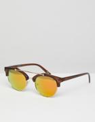 Asos Retro Sunglasses With Brow Bar In Crystal Brown & Gold Mirrored Lens - Brown