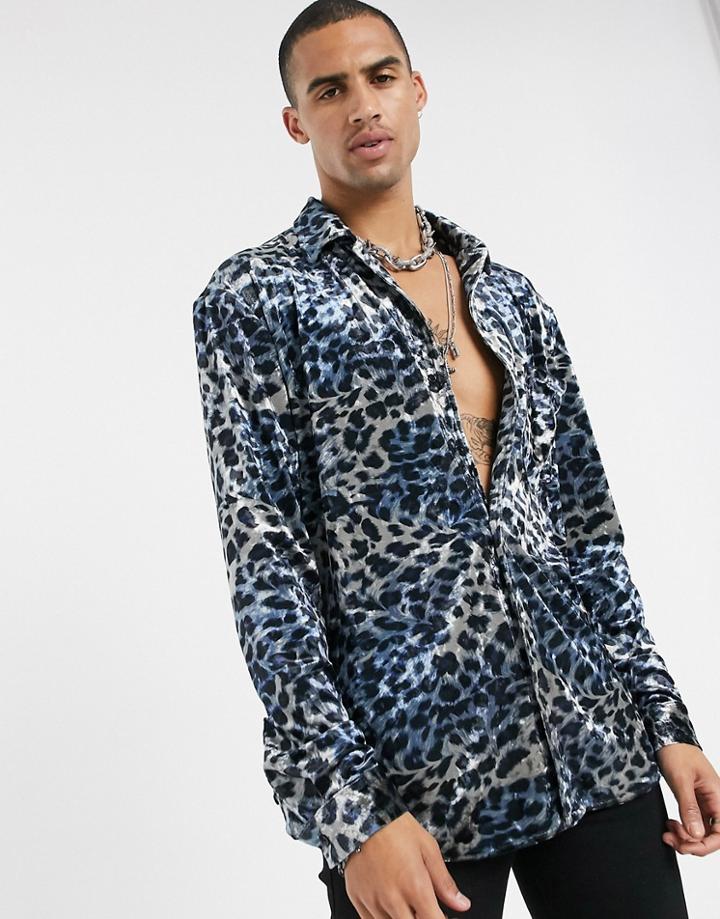 One Above Another Long Sleeve Party Shirt In Blue Faux Suede Leopard