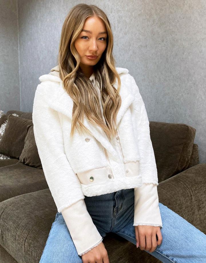 Qed London Faux Fur Aviator Jacket In Cream-white