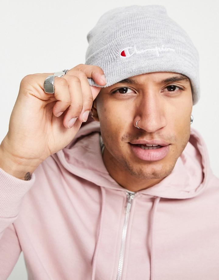 Champion Script Logo Fleck Beanie In Gray
