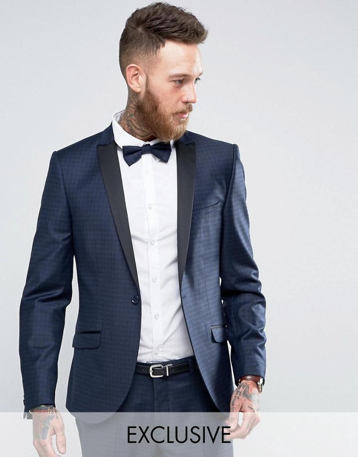 Heart & Dagger Skinny Tuxedo Check Suit Jacket - Navy