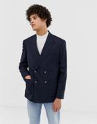 Asos Design Boxy Oversized Double Breasted Blazer With Cross Hatch In Navy - Navy