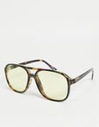 Asos Design Aviator Sunglasses With Yellow Lens In Tort-brown