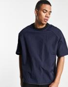 Asos Design Oversized T-shirt With Half Sleeve In Navy Woven Fabric