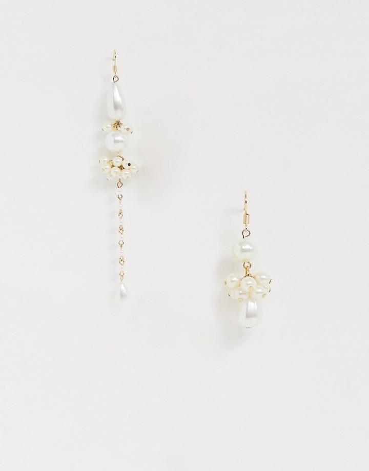 Asos Design Earrings In Asymmetric Strand Design With Pearl Clusters In Gold Tone - Gold