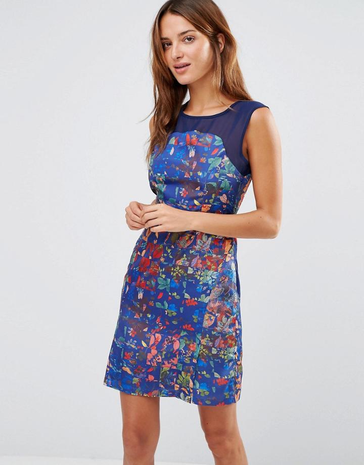 Lavand Floral Dress With Belt And Mesh Yoke - Blue