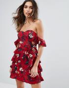 Prettylittlething Bardot Floral Print Mini Dress - Red