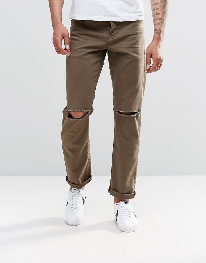 Asos Stretch Slim Jeans In Khaki With Knee Rips - Dark Khaki