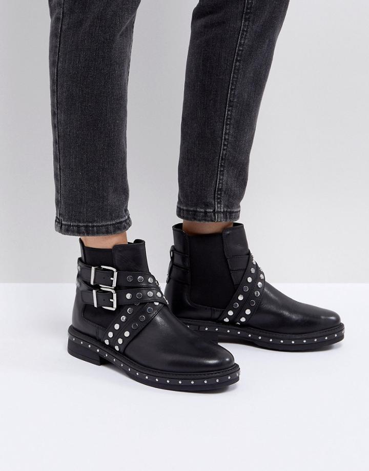 Asos Advent Premium Leather Studded Biker Boots - Black