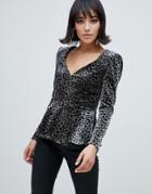 River Island Velvet Blouse With Sweetheart Neckline In Leopard-brown