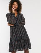 Y.a.s Chiffon Smock Dress With Drop Hem In Mixed Floral And Stripe-grey