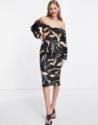 Asos Design Cut Out Bardot Body-conscious Midi Dress In Print-multi