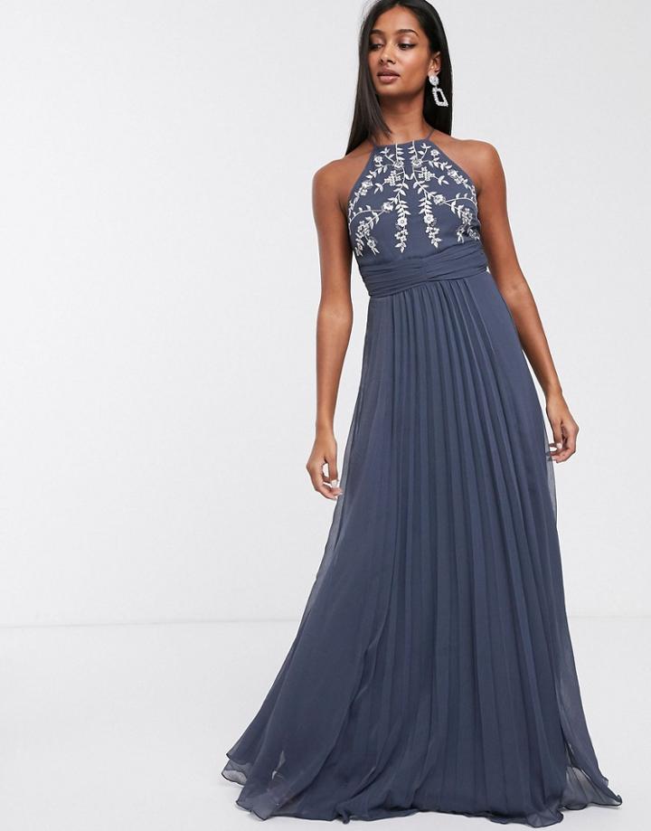 Asos Design Embroidered Pleated Maxi Dress
