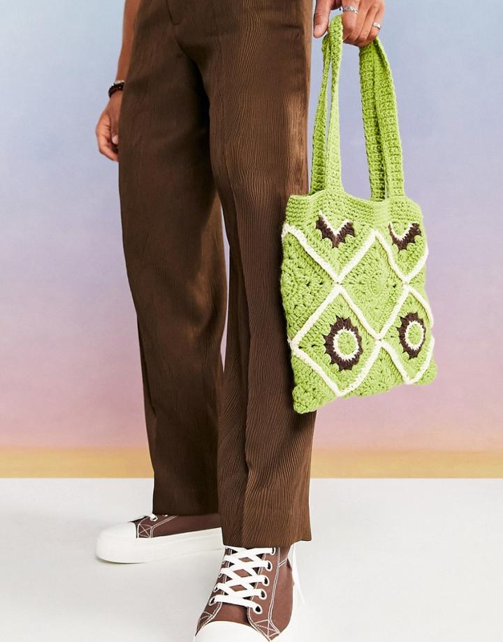 Asos Design 70s Crochet Tote Bag In Green And Cream