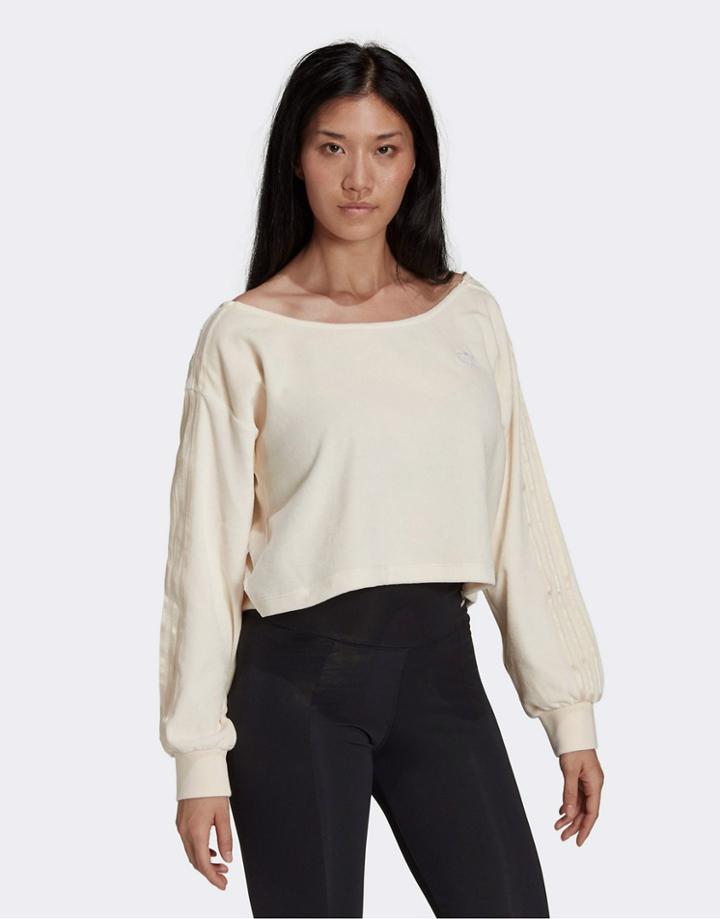 Adidas Originals 'relaxed Risque' Velour Off The Shoulder Sweatshirt In Off White