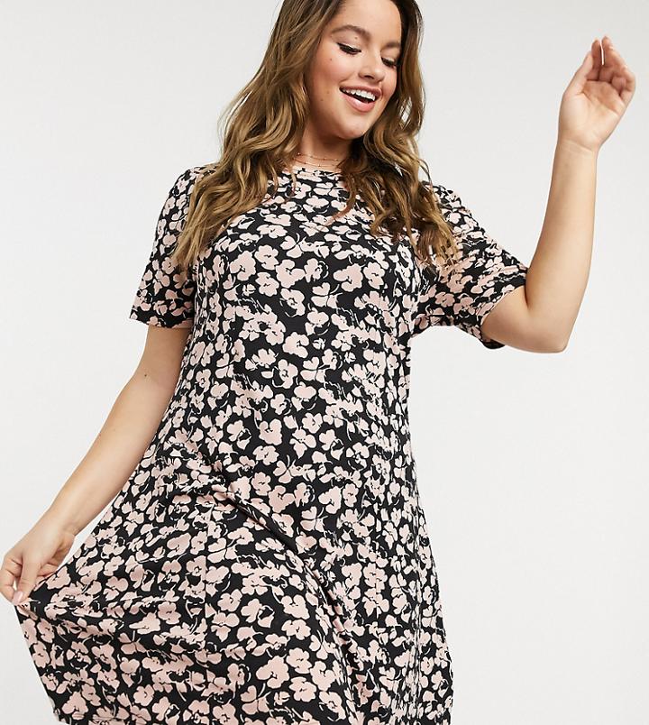 Asos Design Curve Mini Tea Dress In Rose Floral Print-pink