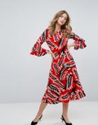 Traffic People Frill Sleeve Feather Print Midi Dress - Red