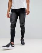 Ascend Denim Super Skinny Muscle Fit Jeans In Ripped Biker With Zips - Black