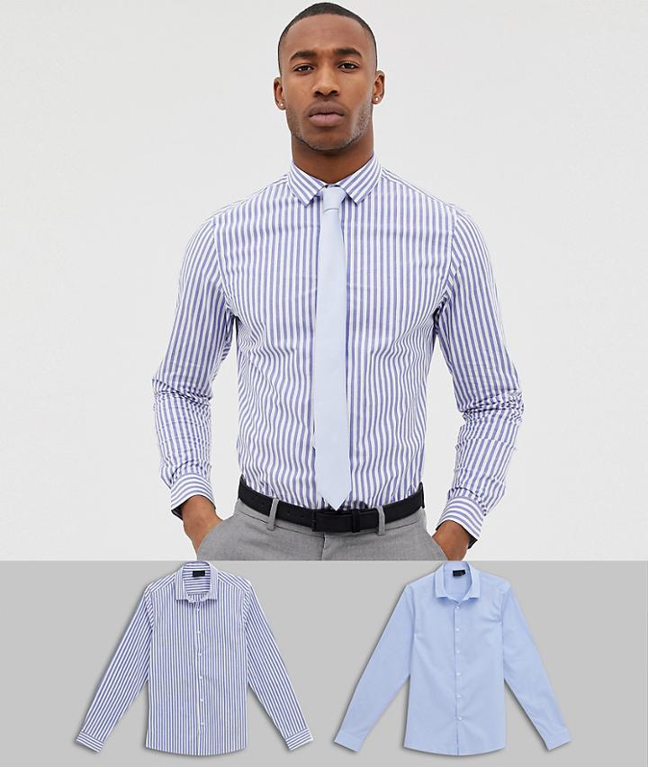 Asos Design Skinny Stripe Shirt And Blue Skinny Shirt Pack Save - Multi