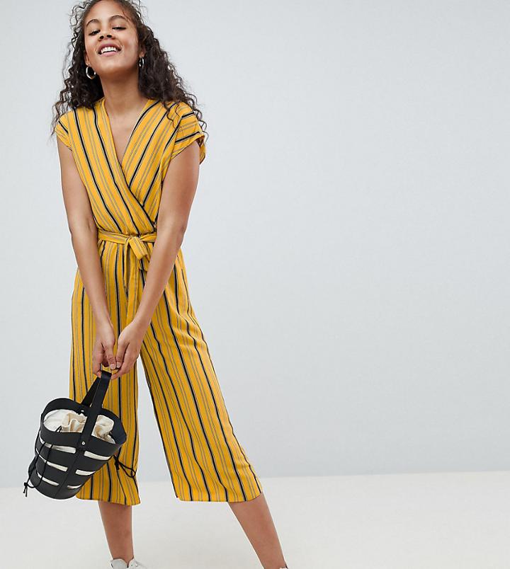 New Look Tall Stripe Wrap Crop Jumpsuit - Yellow