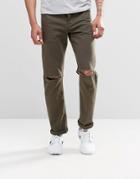 Asos Stretch Slim Jeans In Khaki With Knee Rips - Forest Night