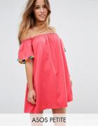 Asos Petite Off Shoulder Swing Sundress With Bright Pom Poms - Pink