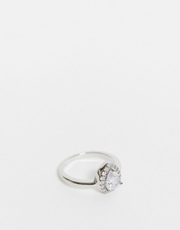 Asos Design Ring With Clear Cz Tear Drop Crystal Stone In Silver Tone