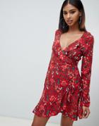 Missguided Wrap Front Mini Tea Dress In Rust Floral-brown