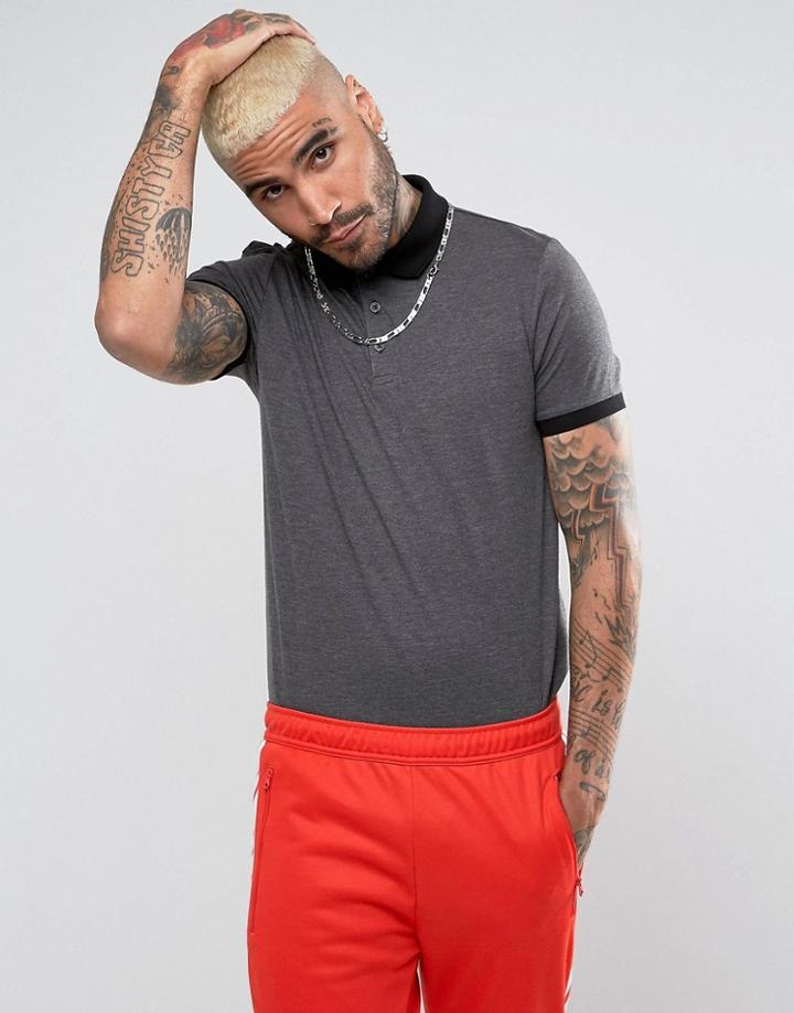 Asos Polo Shirt With Contrast Rib And Cuff In Gray - Gray