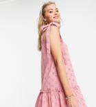 Asos Design Tall Broderie Tie Strap Pep Hem Mini Dress In Rose-pink