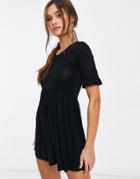 Flounce London Basic Smock Dress With Ruffle Sleeve In Black