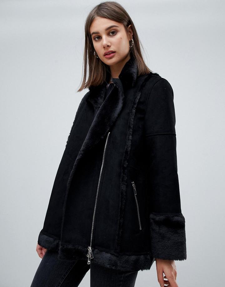 Religion Spell Faux Fur Aviator Jacket-black