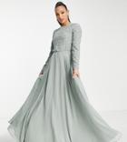 Asos Design Tall Bridesmaid Maxi Dress With Long Sleeves In Pearl And Beaded Embellishment In Olive-green