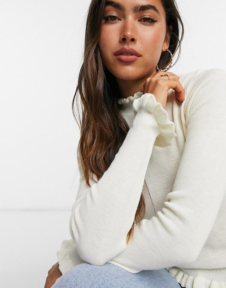Asos Design Sweater With High Neck And Frill Detail In Cream-white