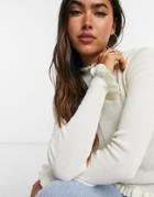Asos Design Sweater With High Neck And Frill Detail In Cream-white