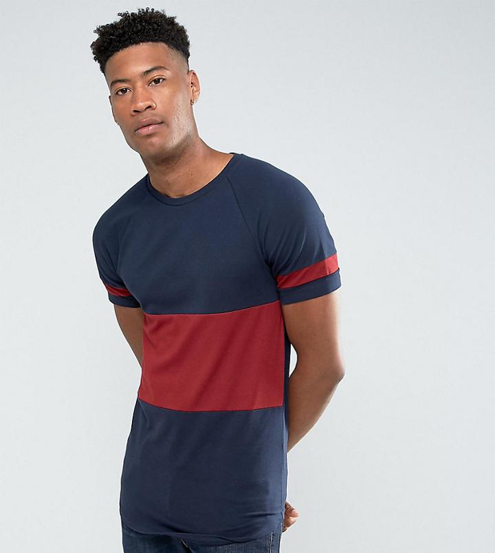 Asos Tall Longline Muscle Fit T-shirt With Color Block Panelling And Curve Hem In Navy - Navy