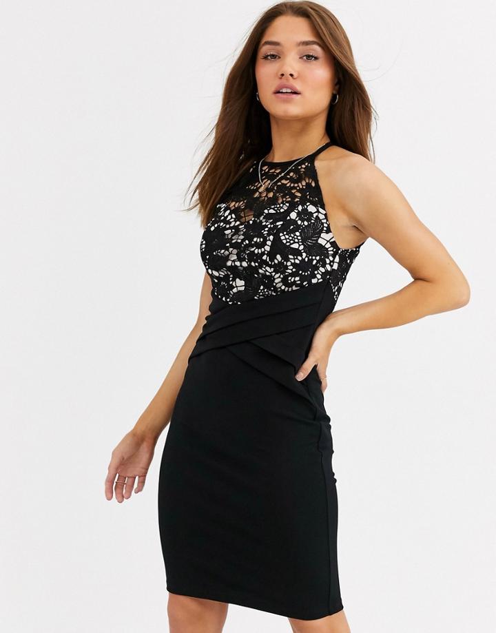 Lipsy Lace Top High Neck Mini Pencil Dress In Black