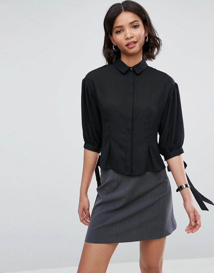 Asos Waisted Puff Sleeve Shirt - Black