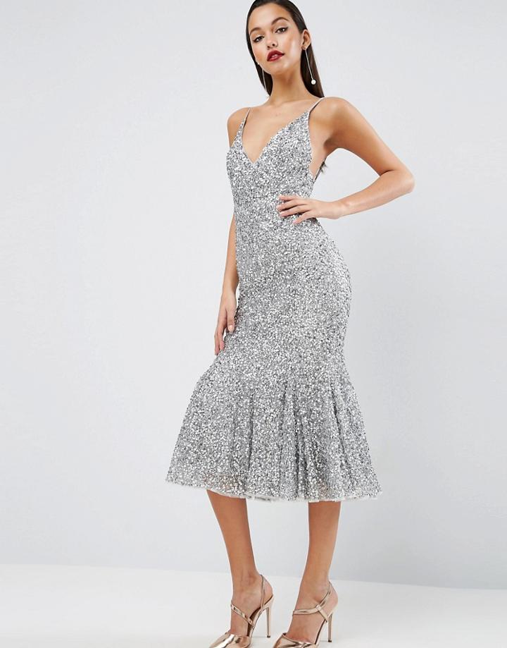 Asos Red Carpet Scattered Sequin Midi Fishtail Dress - Silver