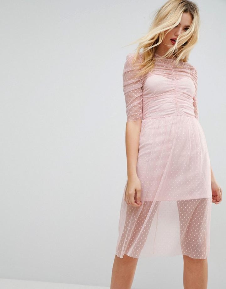 Asos Ruched Midi Dress In Spot Mesh - Pink