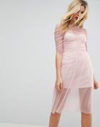 Asos Ruched Midi Dress In Spot Mesh - Pink