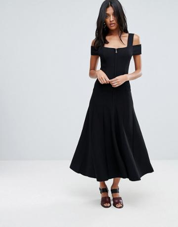 To Be Adored Sabina Cold Shoulder Midi Dress With Two Way Zipper - Black