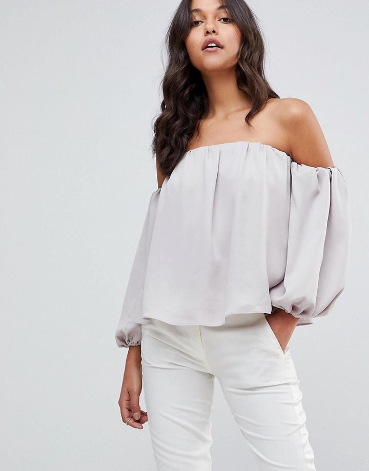 Asos Satin Off Shoulder Top With Balloon Sleeve - Silver