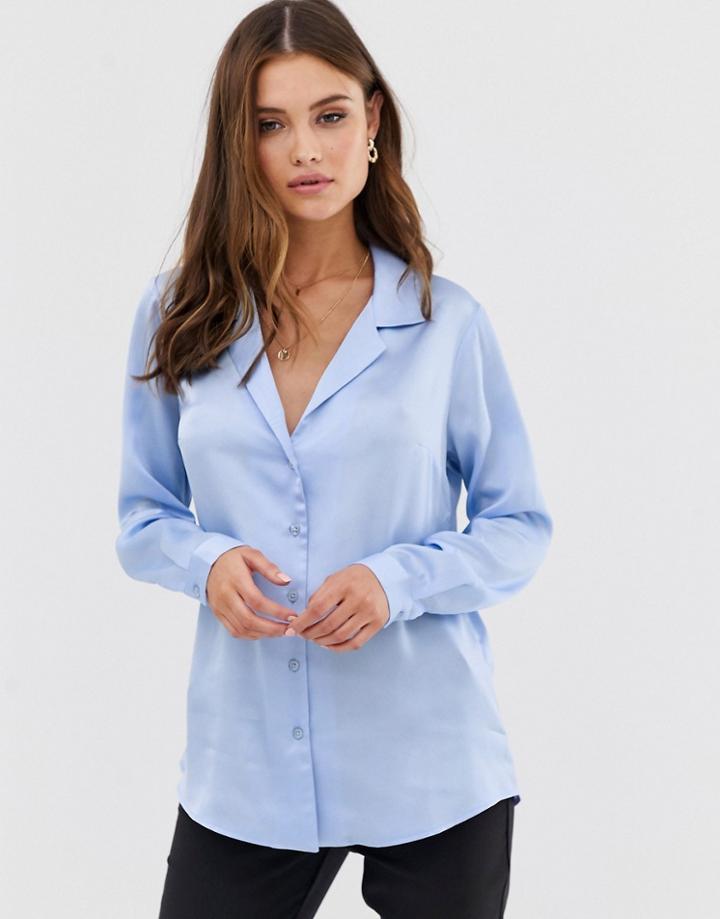 Asos Design Relaxed Satin Long Sleeve Shirt-blue