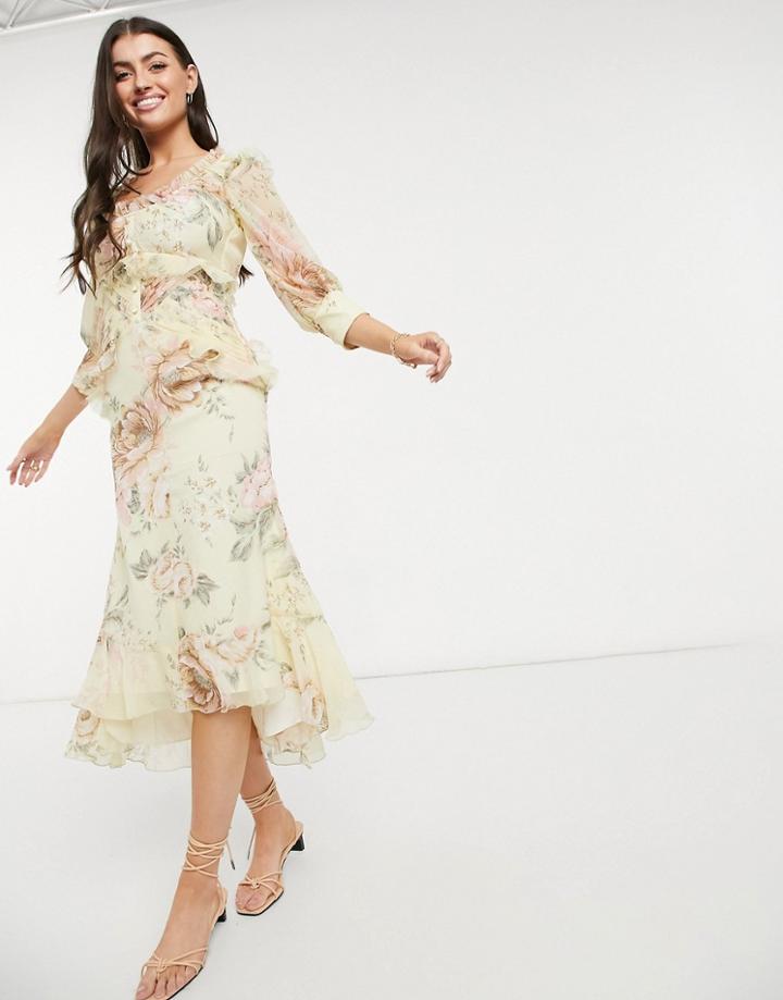 Asos Design Button Detail Midi Dress With Raw Edge Detail In Floral Print-multi