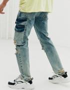Asos Design Original Fit Jeans In Light Wash Blue With Cargo Pockets And Rips