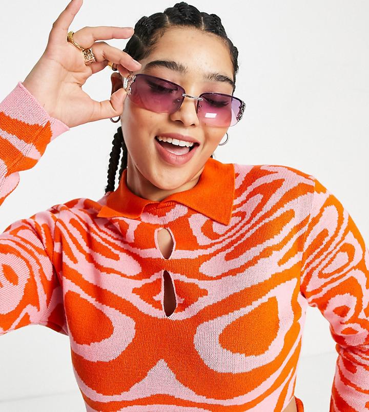 Collusion Plus Swirl Jacquard Collar Cut Out Long Sleeve Crop Top In Pink And Orange - Part Of A Set-multi